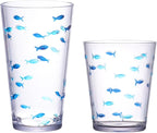 KLIFA- CHARLESTON- 16.5 & 19 oz, Set of 8, Acrylic Fishing Highball, School of Fish Drinking Glasses, BPA-Free, Stackable Plastic Drinkware, Dishwasher Safe Cups, Dark and Light Blue Printing