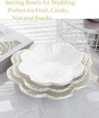 Porcelain Serving Dish,Ceramics Flower Relish Tray with Metallic Rim,Serving Bowls for Wedding,Party Perfect for Small Cereal, Pasta, Salad, Candy and Snacks White 9 inch