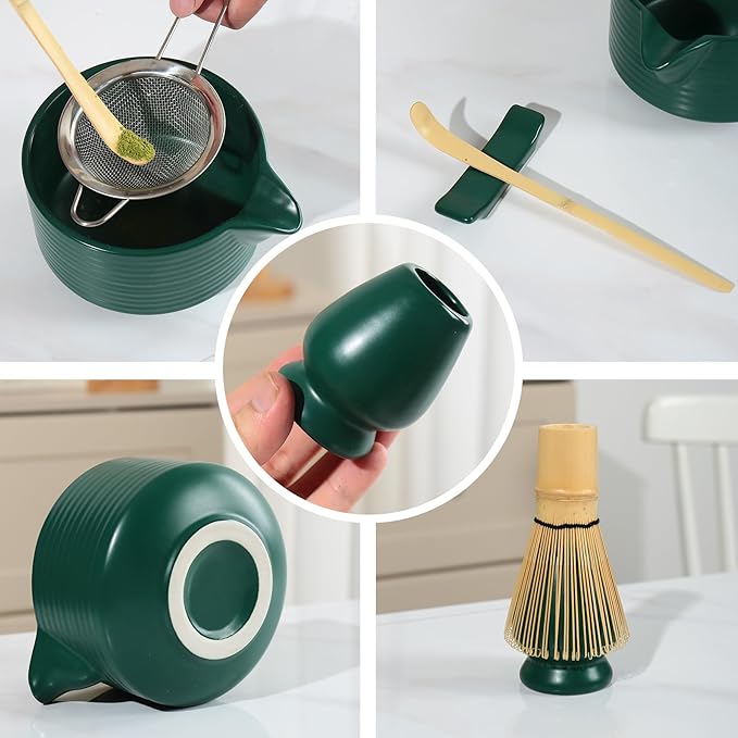 Dark Green Matcha Set,Matcha Whisk Set with Holder, Stainless Sifter & Scoop, Tea Towel,Traditional matcha making set,green tea ceremony,7Pcs