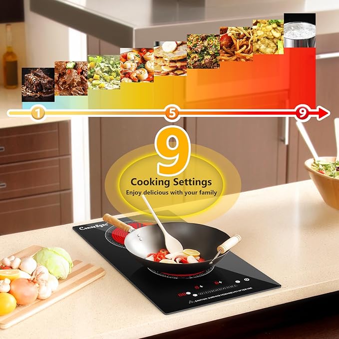 2 Burner Electric Cooktop, 12 Inch Electric Stove Top with 9 Power Levels, Touch Control, Timer, Child Lock and Residual Heat Warning, Ideal for Countertop & Built-In Use (110-120V)