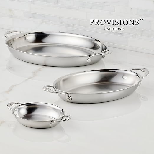 Hestan Provisions Oval Roasting Pan and Au Gratin Dish, 5.5 Quart Clad Stainless Steel, 17.5 x 14 Inch - Designed with Thomas Keller, Oven Safe 600F, Dishwasher Safe