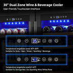 30 Inch Wine & Beverage Refrigerator– Dual Zone Beverage Cooler with Glass Door, Digital Touch Control, Wine Fridge Under-Counter or Freestanding, Holds 30 Bottles & 110 Cans Large Capacity, Black
