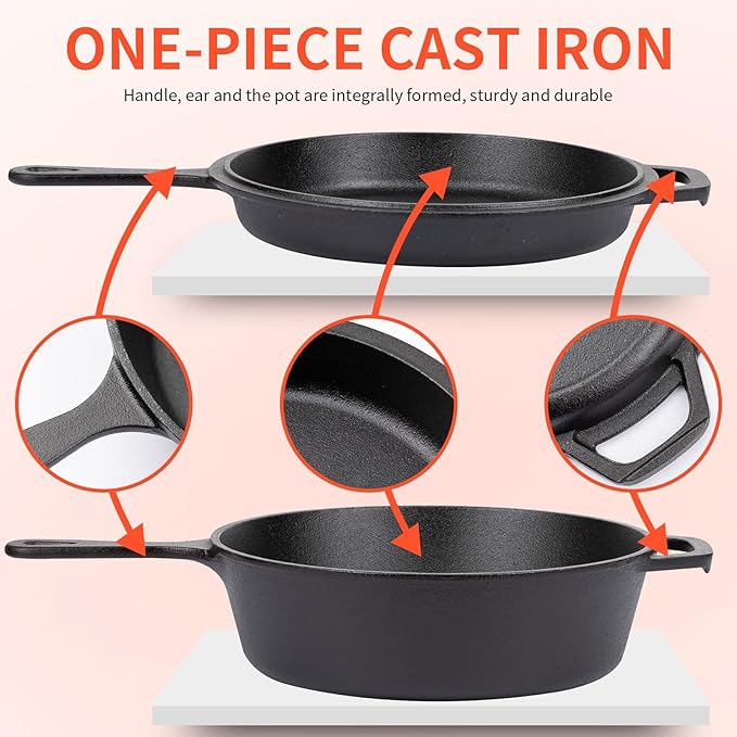 Overmont Cast Iron Skillet with Lid - 2-in-1 Cast Iron Dutch Oven - 3.2QT Deep Pot with Frying Pan - Pre-seasoned Cookware Multi Cooker Skillet - Dutch Oven Pot with Recipe for Grill Induction Stovetop Camping(10.5")