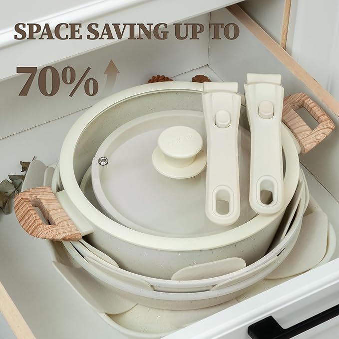 Ceramic Cookware Set Non Stick 23Pcs Pots and Pans Set Non Toxic with Detachable Handle Induction Kitchen Cookware Set Space Saving, Oven & Dishwasher Safe, Cream
