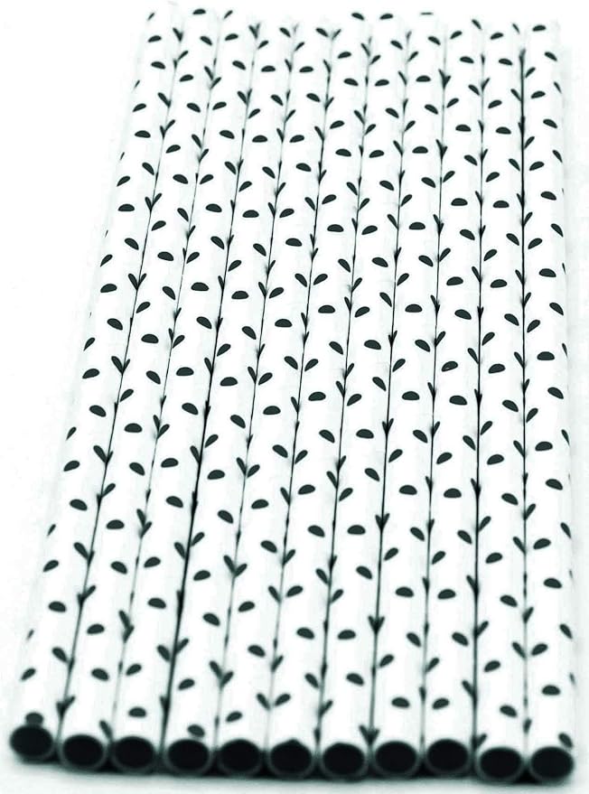 Pack of 300 Black Polka Dot Biodegradable 4-Ply Paper Drinking Straws (Compostable, Non-toxic, BPA-free)