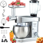 Multifunctional Stand Mixer, 6 in 1 Stand Mixer, 6.3Qt Tilt-head, Standing Mixer with Stainless Steel Bowl, Meat Grinder, Juice Blender, for professional Baking and Most Home Cooks, Silver