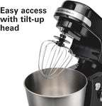 Hamilton Beach Electric Stand Mixer, 4 Quarts, Dough Hook, Flat Beater Attachments, Splash Guard 7 Speeds with Whisk, Black