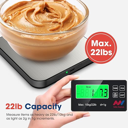 Mik-Nana Food Scale, 22lb Digital Kitchen Scale with 7 Units LCD Display & Tare Function, Stainless Steel Weight Grams and Ounces for Baking, Cooking and Meal Prep (Batteries Included)