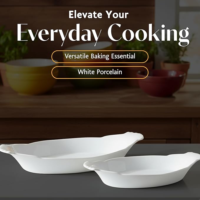 BIA Cordon Bleu Classic Bakeware Set, Oval Au Gratin Dishes - Set of 2 (24 oz & 10 oz), Microwave, Oven & Dishwasher Safe, Glossy White Porcelain for Baking & Serving - Great Gift for Home Chefs
