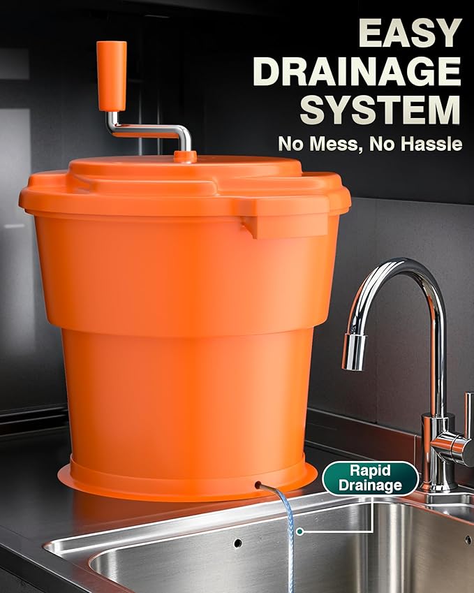 WantJoin Commercial Salad Spinner - 6 Gallon Salad Dryer w/Silicone Anti-slip Mat & Draining Hose, Orange, 24Qt Manual Salad Spinner for up to 7 Heads of Lettuce Spinner Large for Catering