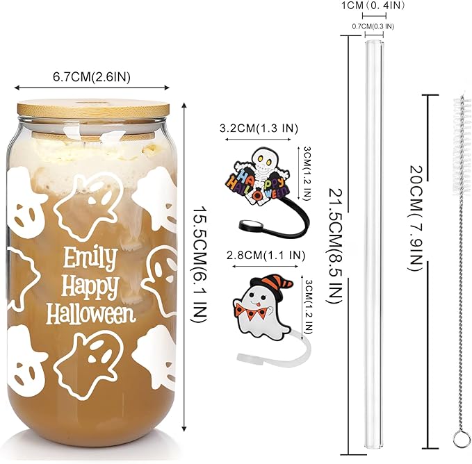 ANOTION Personalized Halloween Cups Glass-Boo Basket Stuffers- Ghost Decorations Glass Cups Tumbler 18OZ -Halloween Gifts for Friend Son Daughter