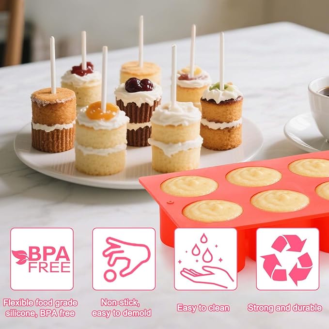 Juome Circle Cake Pop Mold Kit, 8 Cavities Cakesicle Molds Silicone with 50 Sticks & 50 Packaging Bags, Round Cake Pop Maker Supplies Accessories, Baking Tools for Home Baking Desserts