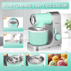 Aifeel Stand Mixer, 6.5QT Mixer with Ice Cream Maker Attachments, Kitchen Electric Mixer Multifunctional Bread Dough Mixer with Dough Hook,Whisk & Beater, Food Mixer for Baking (Green-Silver)