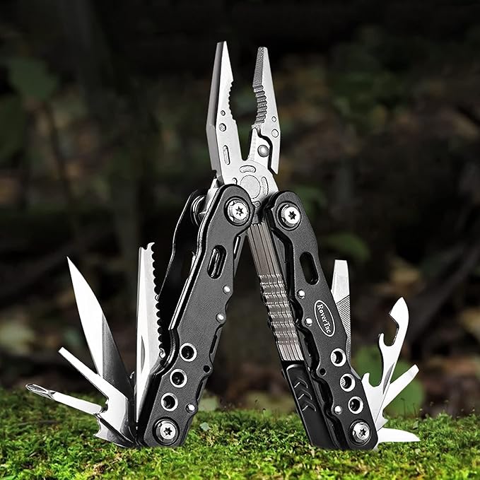 RoverTac Multitool Pliers Pocket Knife, 14 in 1 Multi Tool Knife Pliers Saw Bottle Opener Safety Lock Nylon Sheath, Camping Hiking Gear Multitool for Camping Survival Hiking DIY, Gifts for Men Dad