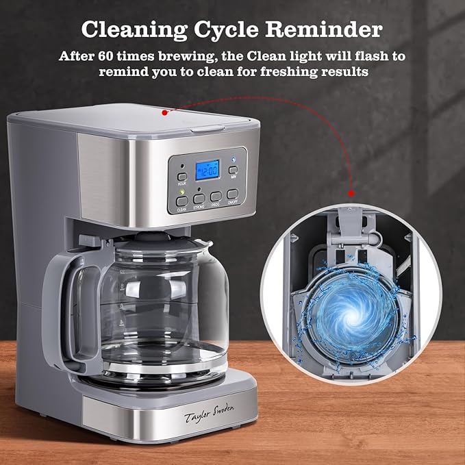 Taylor Swoden 12-Cup Programmable Coffee Maker, Regular & Strong Brew Drip Coffee Machine for Home and Office, Glass Carafe, Pause & Serve, Auto Shut Off, Gray & Stainless Steel