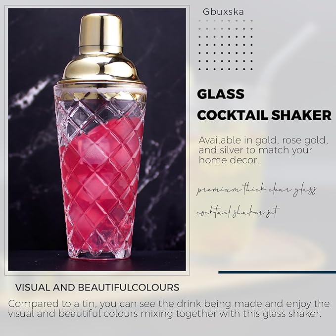 Glass Martini Shaker, 14.2 Oz Martini Shaker with Strainer for Home Use & Bar Cart, (Gold)