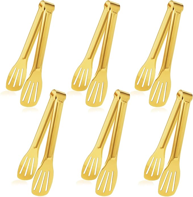 JCREN Serving Tongs 6 Pack Stainless Steel Buffet Tongs Kitchen Tongs, Small Tongs Gold Tongs Serving Utensils for Party Catering, Gold,7 Inch