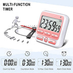 KTKUDY Digital Kitchen Timer with Mute/Loud Alarm Switch ON/Off Switch, 12-Hour Clock & Alarm, Memory Function Count Up & Count Down for Kids Teachers Cooking, Large LCD Display, Strong Magnet (Pink)