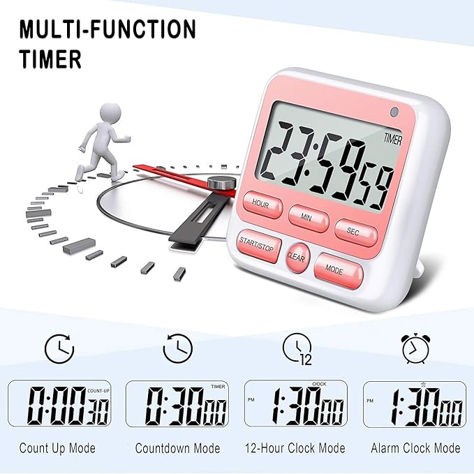 KTKUDY Digital Kitchen Timer with Mute/Loud Alarm Switch ON/Off Switch, 12-Hour Clock & Alarm, Memory Function Count Up & Count Down for Kids Teachers Cooking, Large LCD Display, Strong Magnet (Pink)