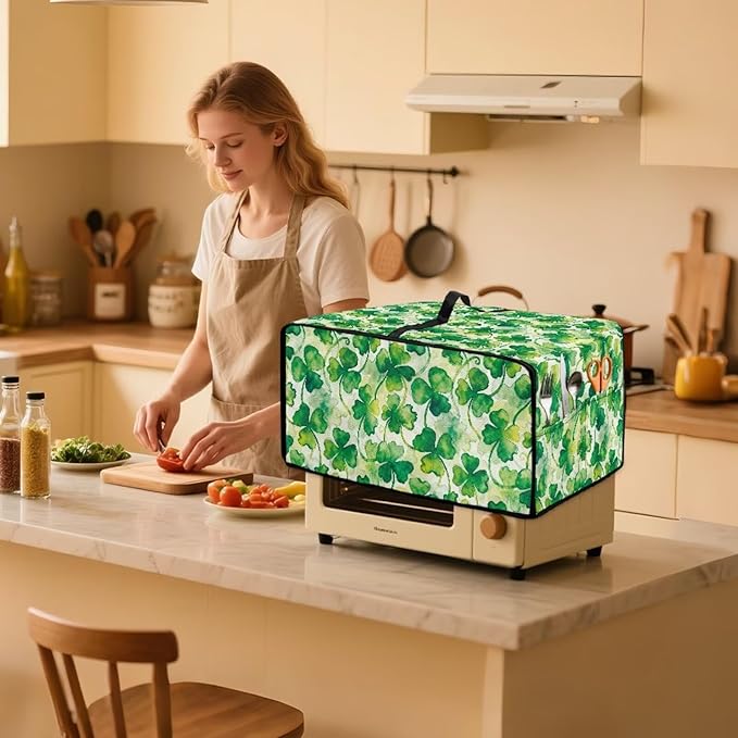Clover Print Toaster Oven Cover Heavy Duty, Heat Resistant Dust-proof Toaster Cover Kitchen Small Appliance Protective Slipcover Washable Slipcover for Kitchen Counter, Green, M