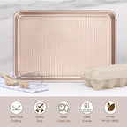 Wildone 2 Pack Half Sheet Baking Pans, Honeycomb Embossed Nonstick Baking Sheet 17.5x12 In, Thicker Carbon Steel Cookie Sheet, Even Heating & Warp Resistant, Rose Gold