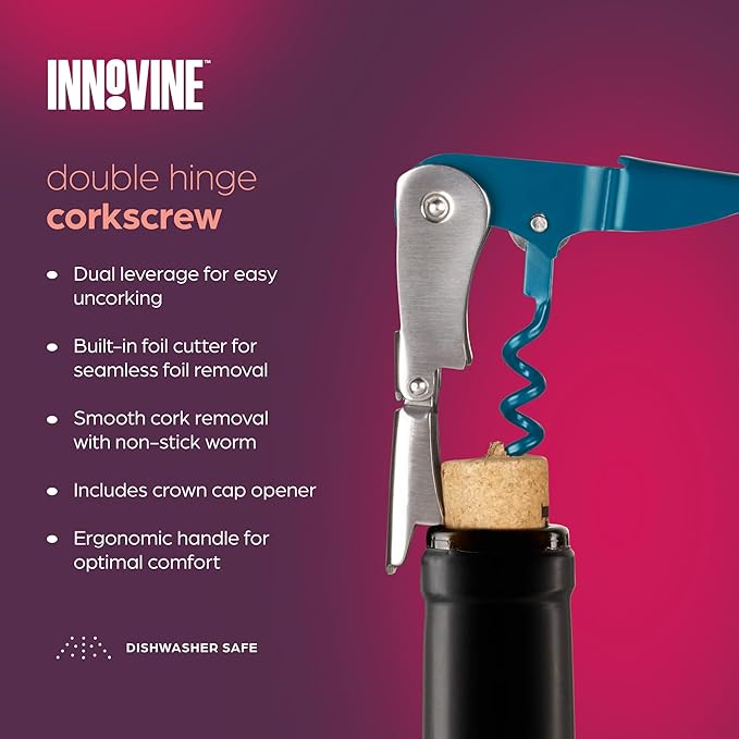 Innovine Double Hinge Corkscrew, Stainless Steel Wine Opener with Dual Leverage and Built-In Foil Cutter, Perfect for Home Bar, Travel, Camping, Picnic, Outdoor Party, Set of 1, Deep Teal
