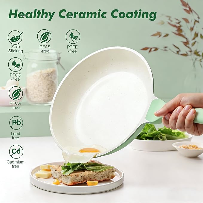 SENSARTE Nonstick Ceramic Frying Pan 9.5-Inch, Healthy Non Toxic Skillet, Induction Compatible Omelet Pan with Heat Resistant Handle, PFAS-Free, Mint Green