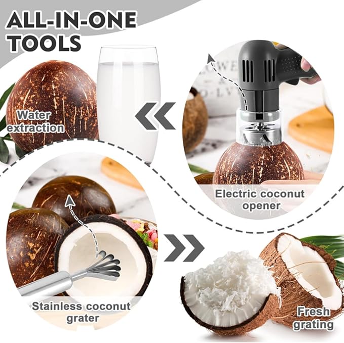 ASHATA Automatic Coconut Opener, Coconut Opener Tools Set, Stainless Steel Coconut Puncher, Coconut Meat Removal Tool, Electric Coconut Puncher Opening Tool for Young and Mature (Black)