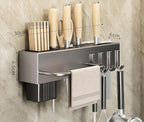 SEIDO Carbon Steel Utensil Rack – Space-Saving 12" L Kitchen Organizer with hooks & hanging bar, Gunmetal Gray Knife Holder, 2 Installation Options (Adhesive/Screwed)