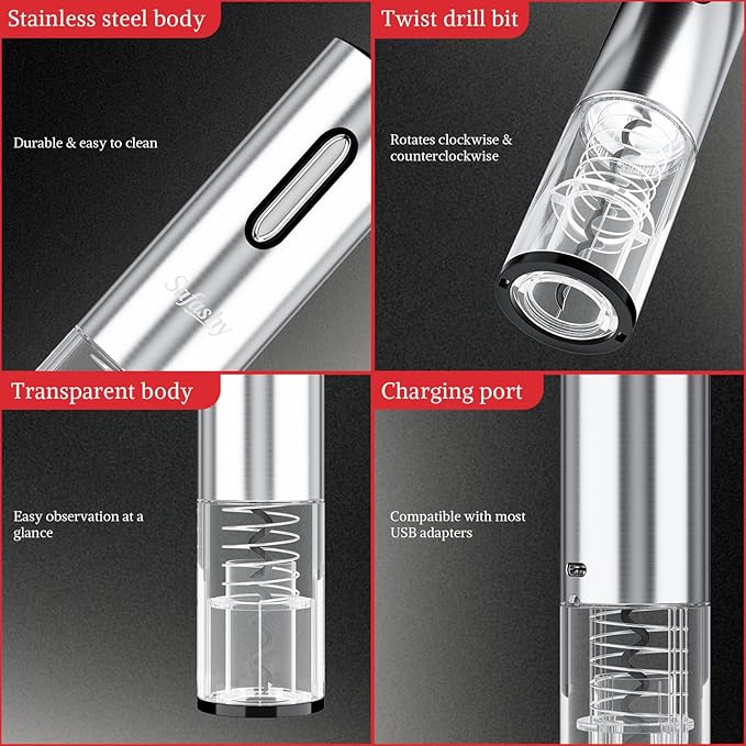 5 IN 1 Rechargeable Electric Wine Opener, Stainless Steel Automatic Bottle Corkscrew with Foil Cutter, Vacuum Stopper, Wine Pourer, One Touch Bottle Winer Gift Set for Christmas, Party