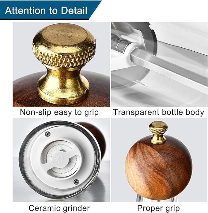 Pepper Grinder Set Salt and Pepper Grinder Acrylic Manual Pepper Mill Set with Adjustable Coarseness Salt and Pepper Shakers, Enjoy Fresh Ground Pepper Spices Salt Grinder (6.7in-wood-acrylic)