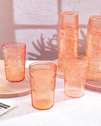 Ciaell 12 Pack Romantic Plastic Water Glasses - 14 Oz Amber Vintage Drinking Glasses, Embossed Ribbed Plastic Cups, Textured Striped Set for Juice, Beverages, Beer, Cocktai