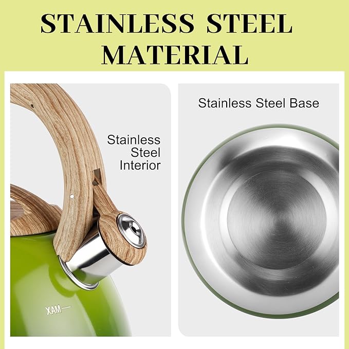MARSKITOP Whistling Tea Kettle for Stove Top, 2.6 Quart Teapot for Stovetop, Stainless Steel Tea Pot for Stove with Wood Pattern Handle, Light Green