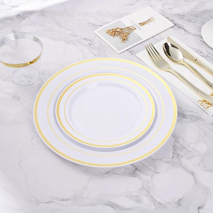 BESTVIP 100PCS Gold Plastic Plates, 10.25 Inch Disposable Dinner Plate Party with Gold Rim for Christmas, Thanksgiving, Heavy Duty Disposable Plastic Plates for Party, Wedding and Birthday, Events