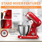 Geek Chef Electric Stand Mixer, 4.8QT 12 Speeds Tilt-head Food Mixer with Dough Hook, Whisk, Beater, Bowl, Rotary Knob for Home Kitchen Use, Bright Red