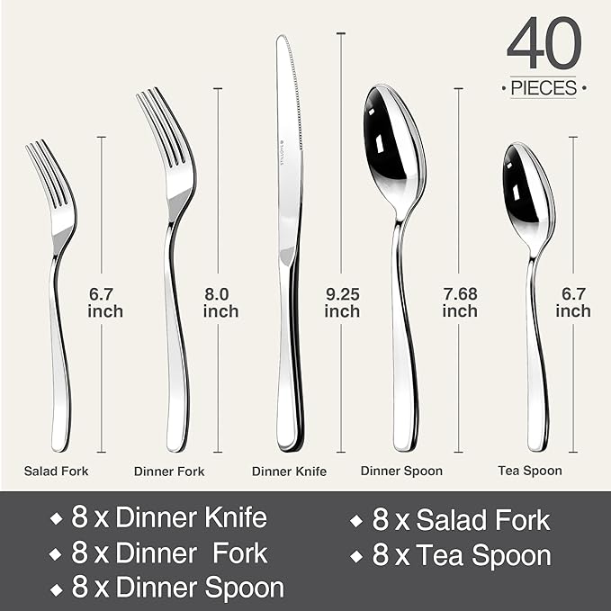 Silverware Set for 8, 40 Piece 18/10 Stainless Steel Flatware Utensils Cutlery Set, Mirror Polished knives Forks and Spoons Silverware Sets for Dinner,Wedding,Festival Gift,Dishwasher Safe,Rust Proof