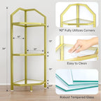 3-Tier Corner Shelf Stand, Gold Corner Bookshelf, Bathroom Storage Rack Shelf, Plant Rack, Tempered Glass, Steel Frame, Modern Style for Living Room, Bathroom, Kitchen, Metallic Gold