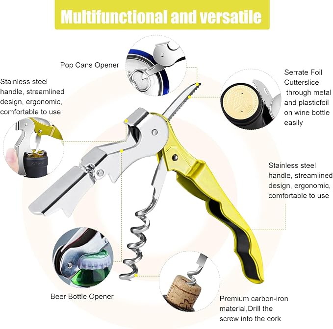 6 Pieces wine key wine opener Professional Waiter Corkscrews Stainless bottle opener Fold Serrated Foil Cutter Key for Family, Company Party,Bars,Restaurants(yellow)