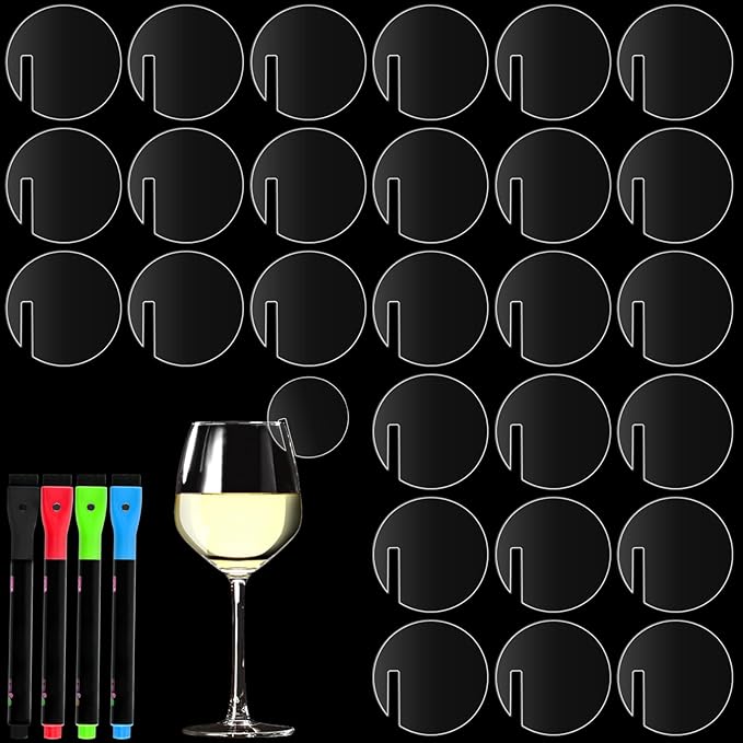120 Pcs Acrylic Disc Drink Tags, Circle Cocktail Drinking Tags Blank, DIY Wine Drink Names with 4 Highlighters for Bar, Party, Wedding, Birthday (1.5'', Round)
