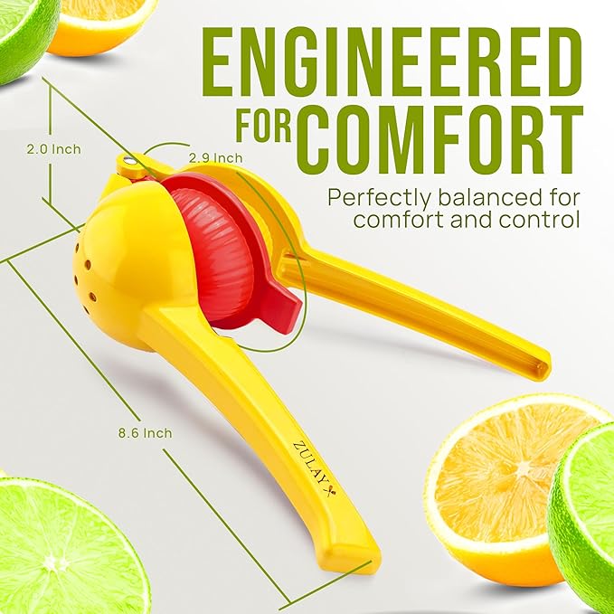 Zulay Kitchen Metal 2-in-1 Lemon Squeezer - Sturdy Max Extraction Hand Juicer Lemon Squeezer Gets Every Last Drop - Easy to Clean Manual Citrus Juicer - Easy-Use Lemon Juicer Squeezer - Yellow/Red