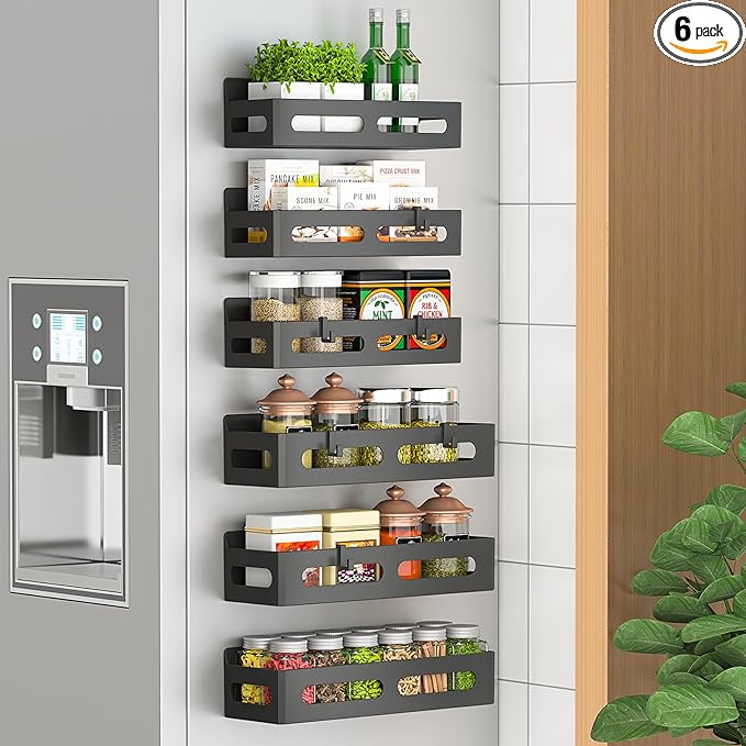 Sevenblue 6 Pack Strong Magnetic Spice Rack for Refrigerator, Multipurpose Magnetic Shelf for Fridge with 4 Hooks for kitchen and Bathroom Organization, Black