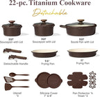 CAROTE 22Pcs Titanium Cookware Set, Pots and Pans Set Non Stick, Kitchen Cooking Set with Detachable Handle, Non Toxic Induction Cookware, Dishwasher/Oven Safe, Browm