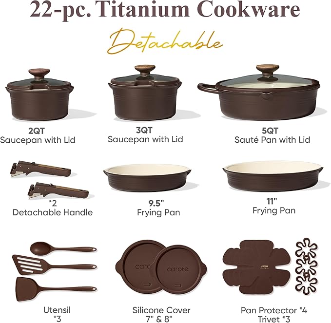 CAROTE 22Pcs Titanium Cookware Set, Pots and Pans Set Non Stick, Kitchen Cooking Set with Detachable Handle, Non Toxic Induction Cookware, Dishwasher/Oven Safe, Browm