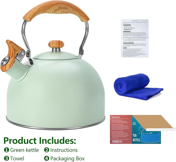 Tea Kettle Stovetop, 2.6 Quart cute teapot,loud whistle kettle, Food Grade Stainless Steel with Fold wood grain handle, Mint Green,With Anti Scald Towel