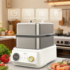 10L steamer + 4.5L cooking pot, electric food steamer for 4–6 servings, vegetable steaming, 8-hour keep warm function, dry-boil protection, 304 stainless steel material.