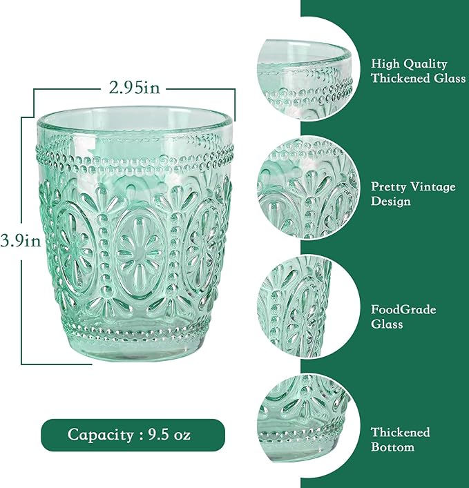 abrwyy Green Drinking Glasses Set of 4, Vintage Drinking Glasses, Green Glassware Drinking, Beverage Glasses Cup, Vintage Glassware Set for Water, Juice, Cocktail, Coffee