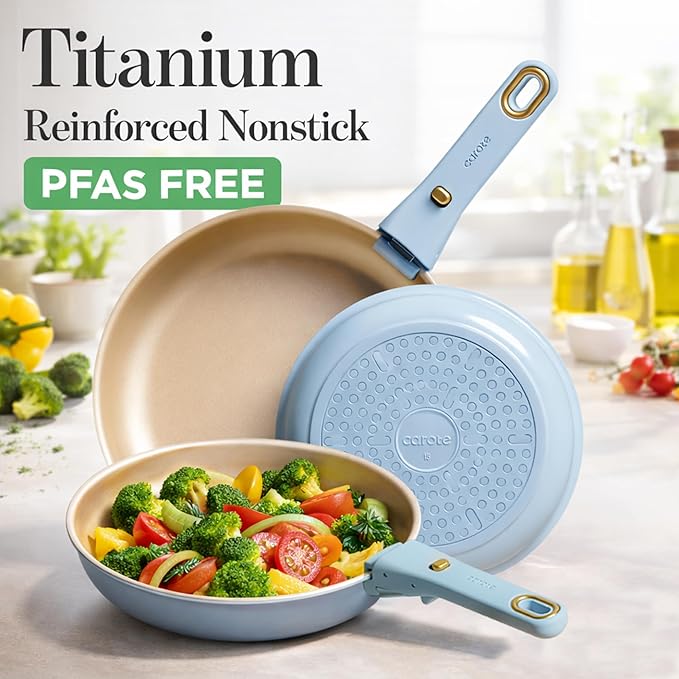 CAROTE 18Pcs Pots and Pans Set, Titanium kitchen Pan Set, Nonstick Cookware Set Detachable Handle, Induction kitchen cookware Non Stick, RV Cookware Sets, Oven Safe, Blue