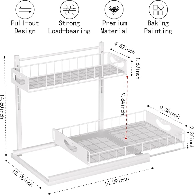 Under Sink Organizer with Pull-Out Drawers,Kitchen Sink Organizer,2 Tier Bathroom Organizers And Storage,Bathroom Accessories Set,White 1 Pack