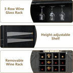 55 Inch Farmhouse Coffee Bar Cabinet with 3-Tier Enclosed Storage Cabinet, Kitchen Hutch with 12 Wine Racks & 3 Glass Holders, Coffee Bar with 6 Hooks, Wood Furniture for Dining Living Room, Black