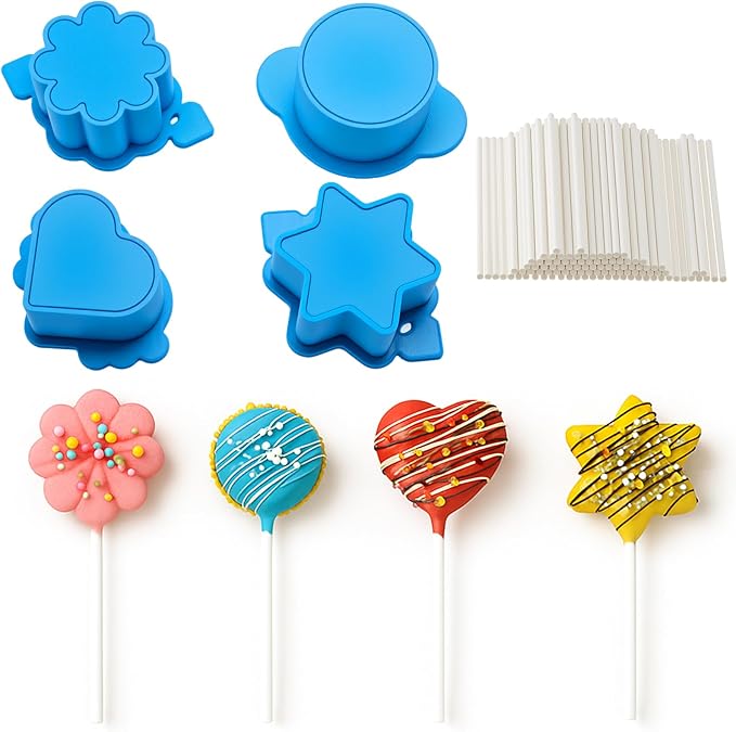 LemonRoad 4 Cake Pop Molds Sets with 100 Paper Sticks Cake Pop Cutter and Pusher 3D Printed Mold Shapes Press Star Heart Round Flower Baking Tools Kit for Birthday Wedding Party Desserts